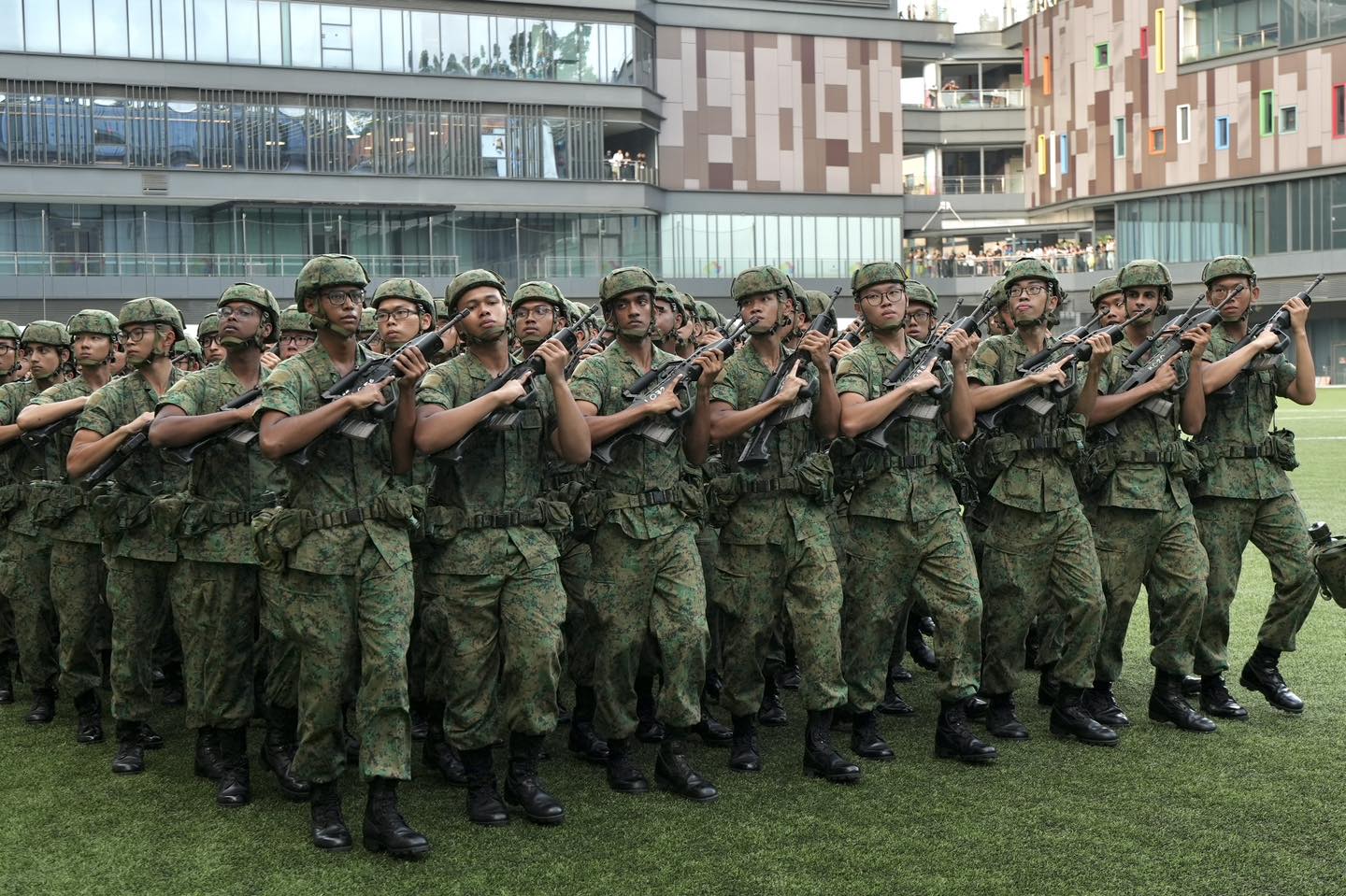 Recruits celebrating BMT Graduation Parade at Our Tampines Hub