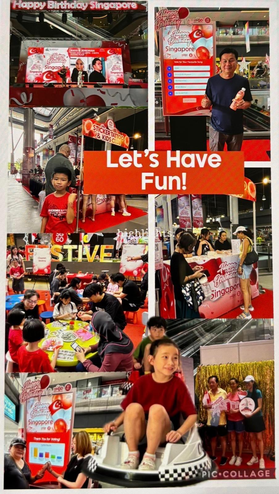 Our Tampines Hub celebrating Singapore's 60th birthday and its 8th anniversary with festive decorations.