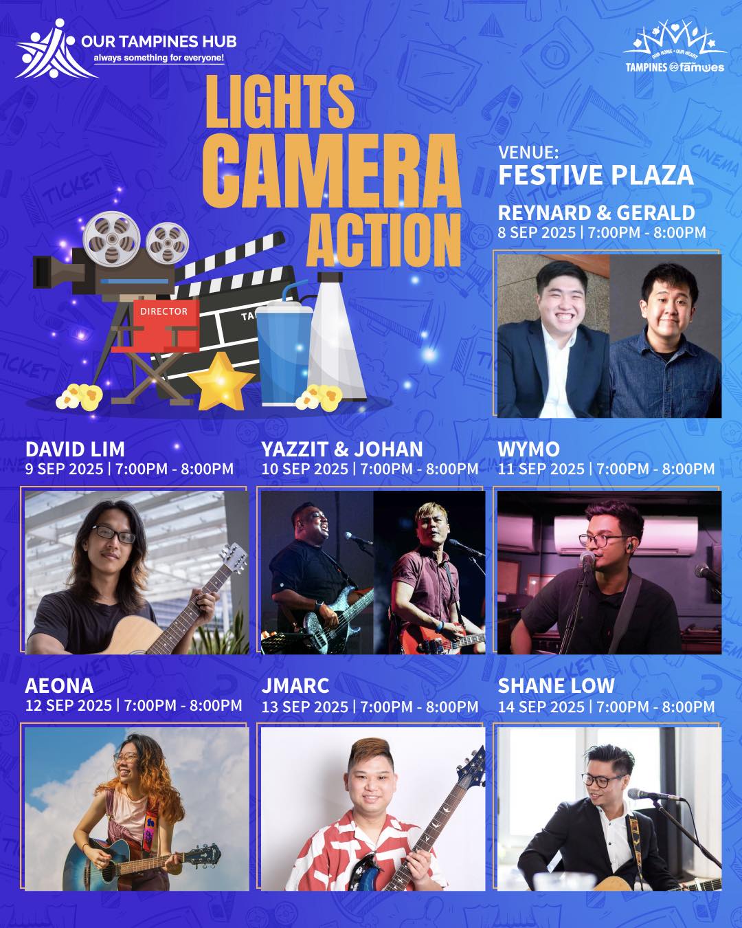 A lively outdoor concert stage at Festive Plaza with musicians performing.