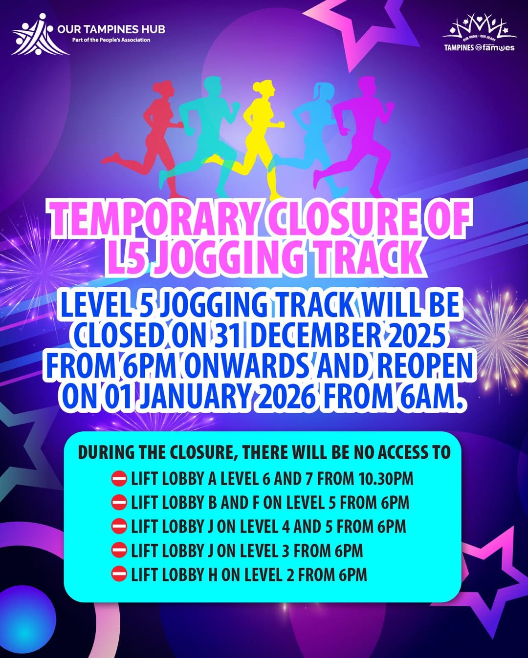 Notice board indicating the temporary closure of L5 Jogging Track at Tampines Hub