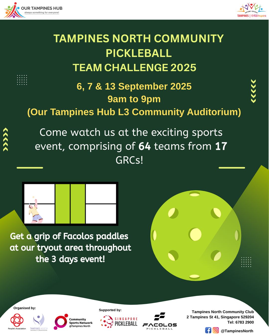 Players competing in an intense pickleball match at the Tampines North tournament