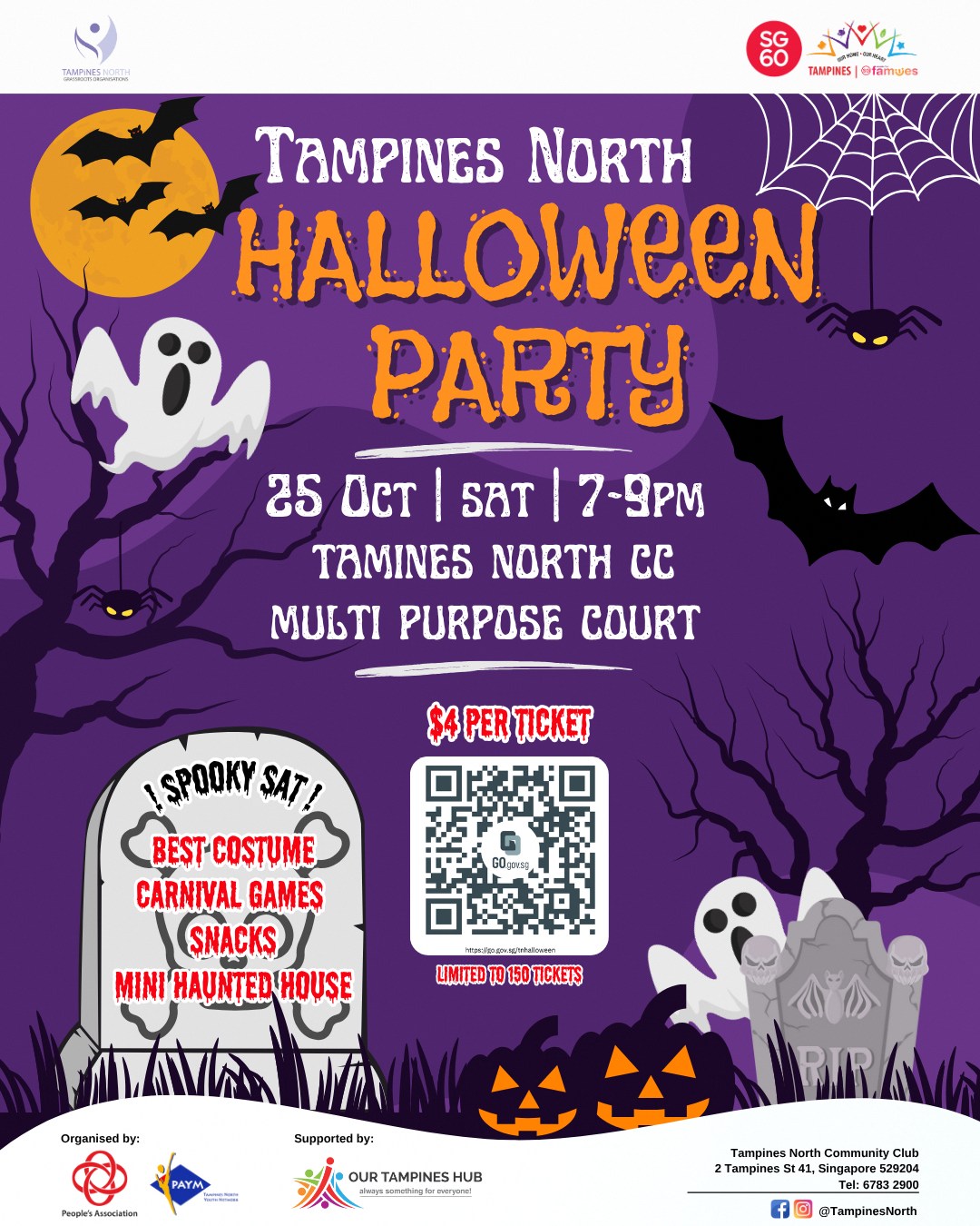 A vibrant Halloween event scene with decorations and excited attendees