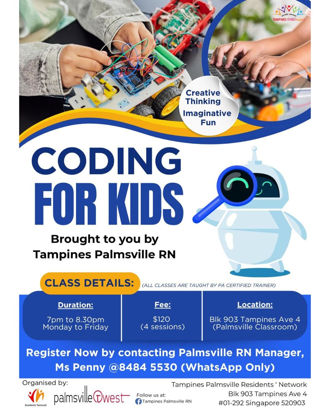 A community activity board showcasing various classes and schedules at Tampines Palmsville RN.