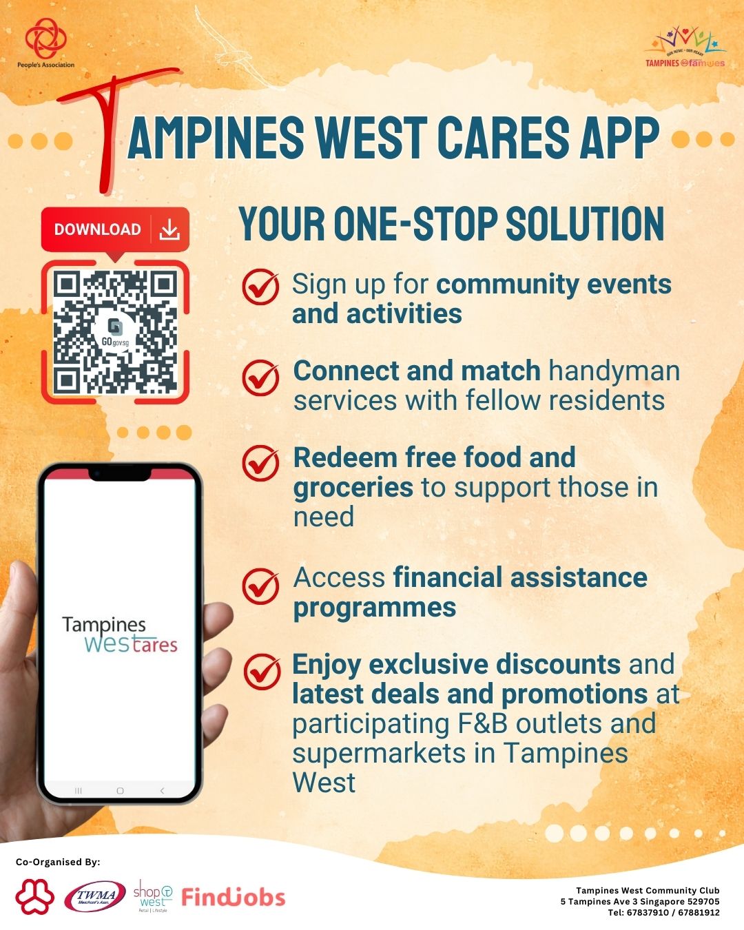 A vibrant graphic depicting community engagement and support through the Tampines West Cares mobile app.