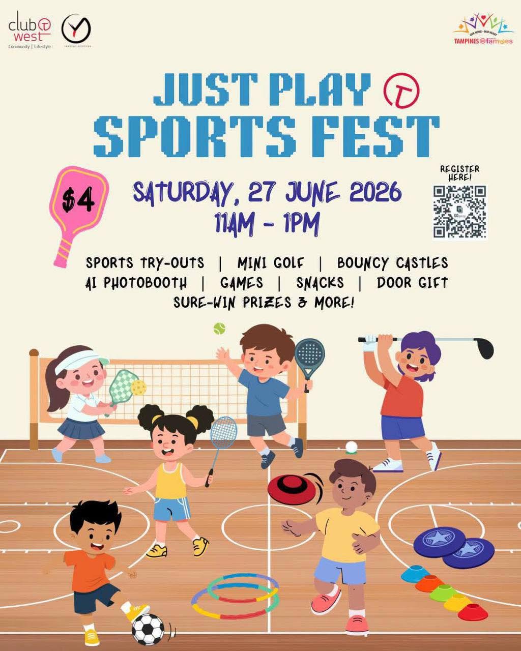 Tampines West Sports Fest poster showing sports activities, mini golf, bouncy castles and $4 ticket price on 27 June 2026