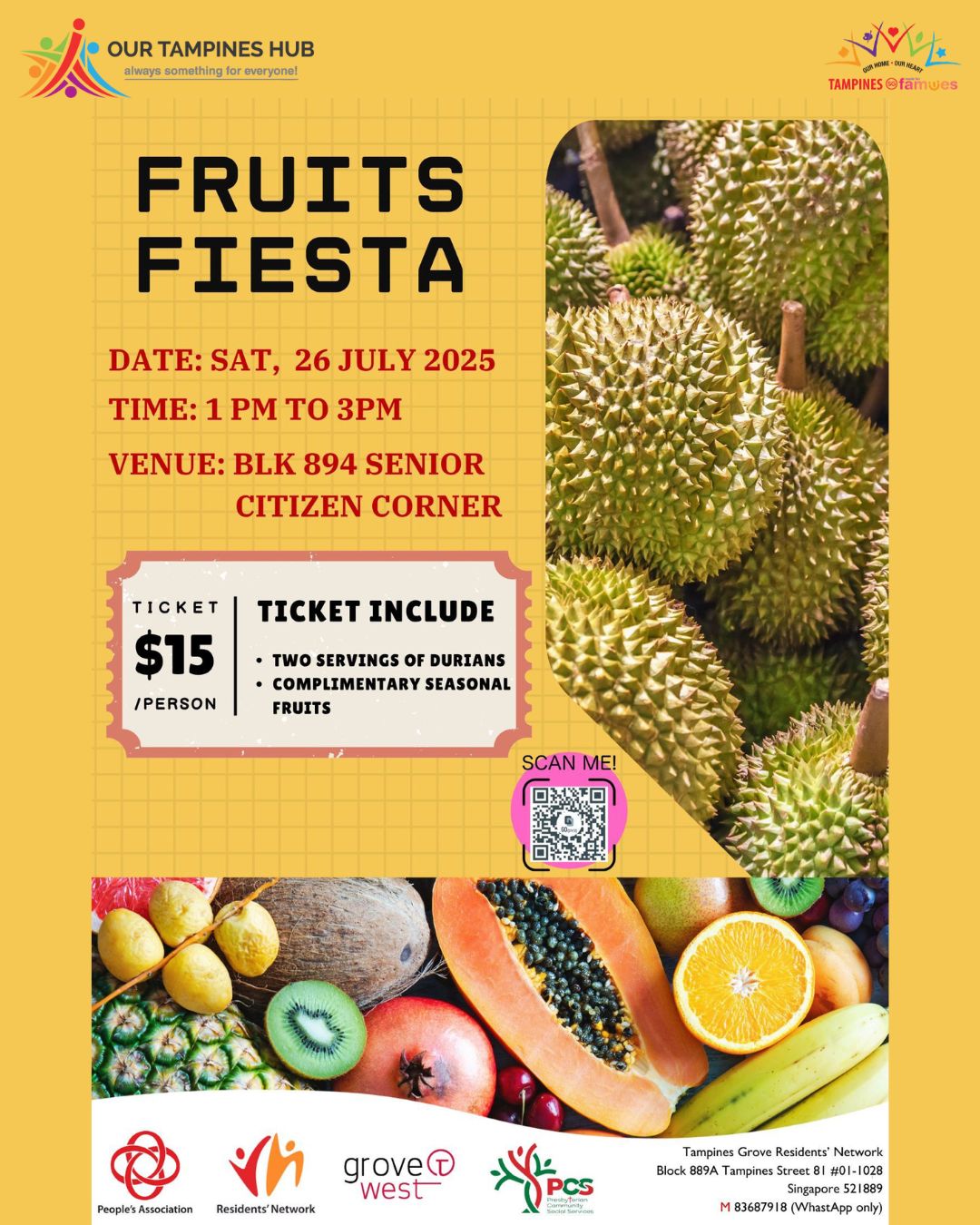 A vibrant spread of tropical fruits including durian, mangosteen, rambutan, and longan.