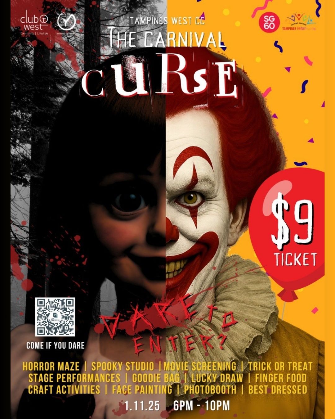 Promotional image for Tampines West Halloween: Chuckles & Chills event featuring spooky characters