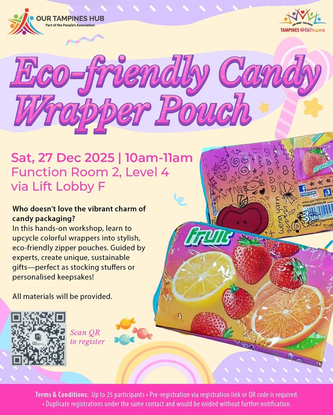 Colorful upcycled candy wrapper pouch