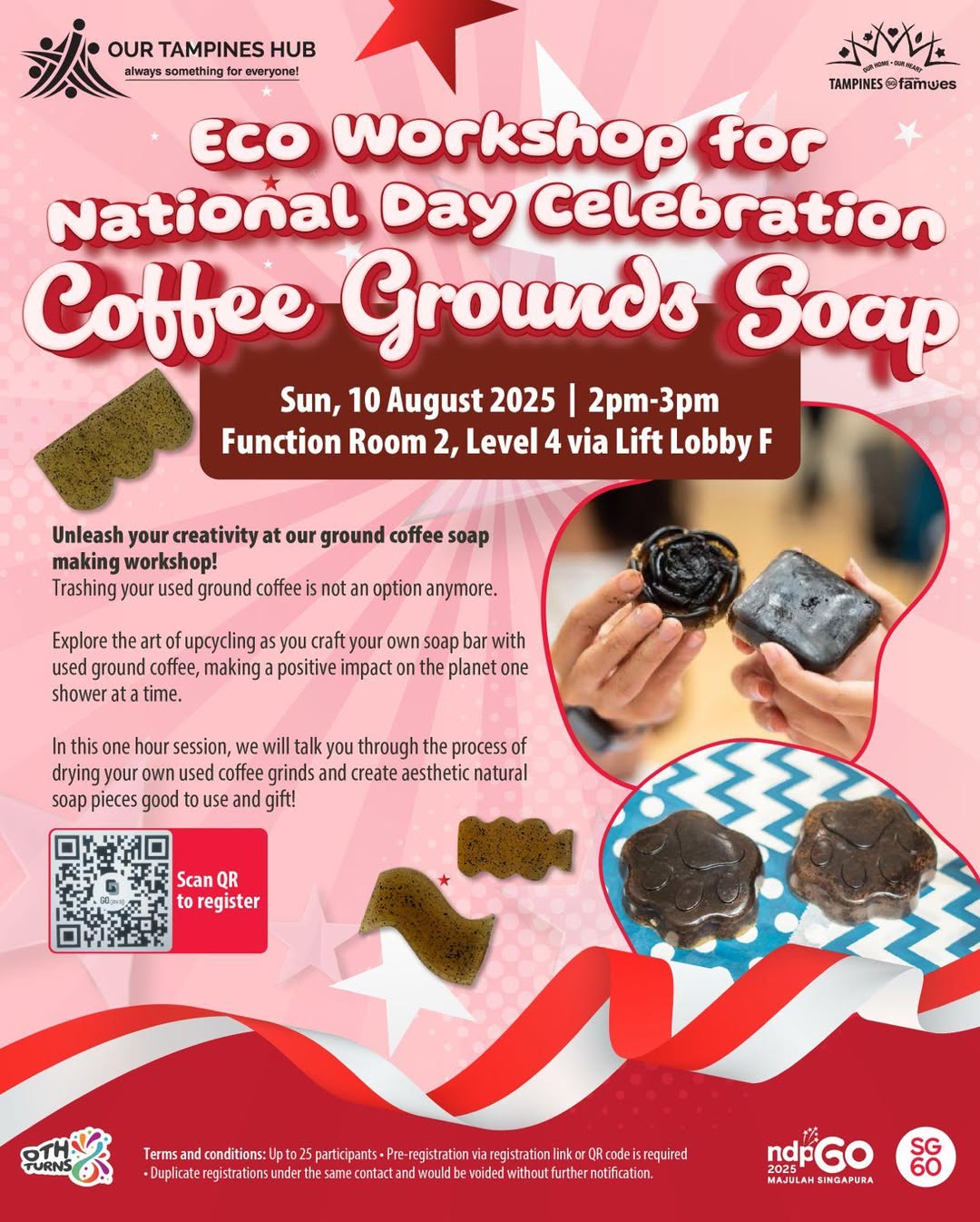 Hand holding a bar of homemade coffee ground soap, with coffee beans in the background.