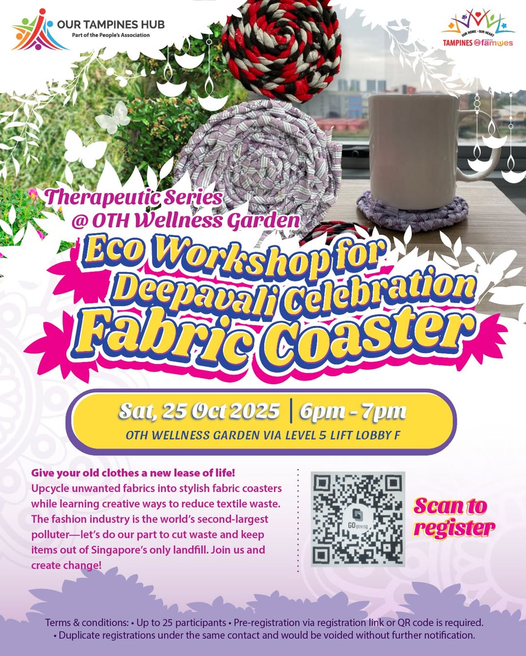 Close-up of various vibrant, creatively designed fabric coasters made from repurposed textiles.