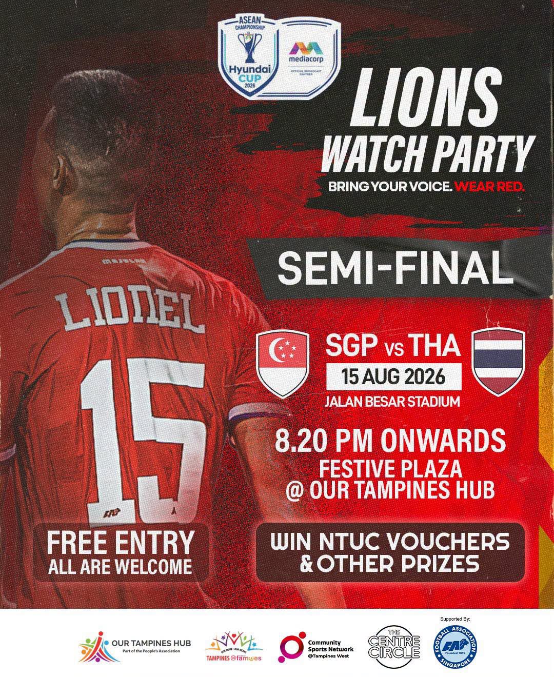 Lions Watch Party at Our Tampines Hub: SGP vs THA Semi-Final on 15 August 2026