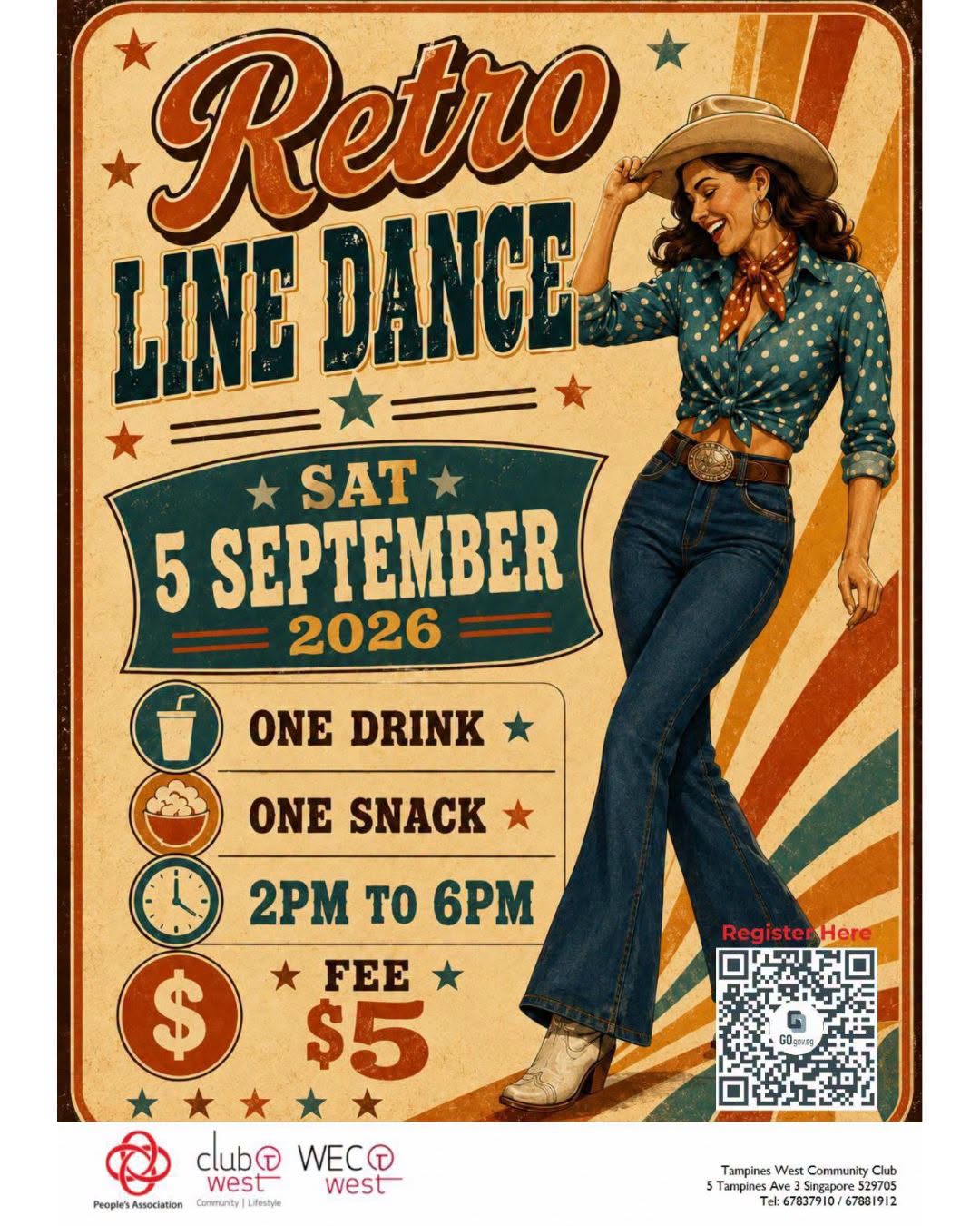 Retro Line Dance Party at Tampines West CC on 5 September 2026 for $5