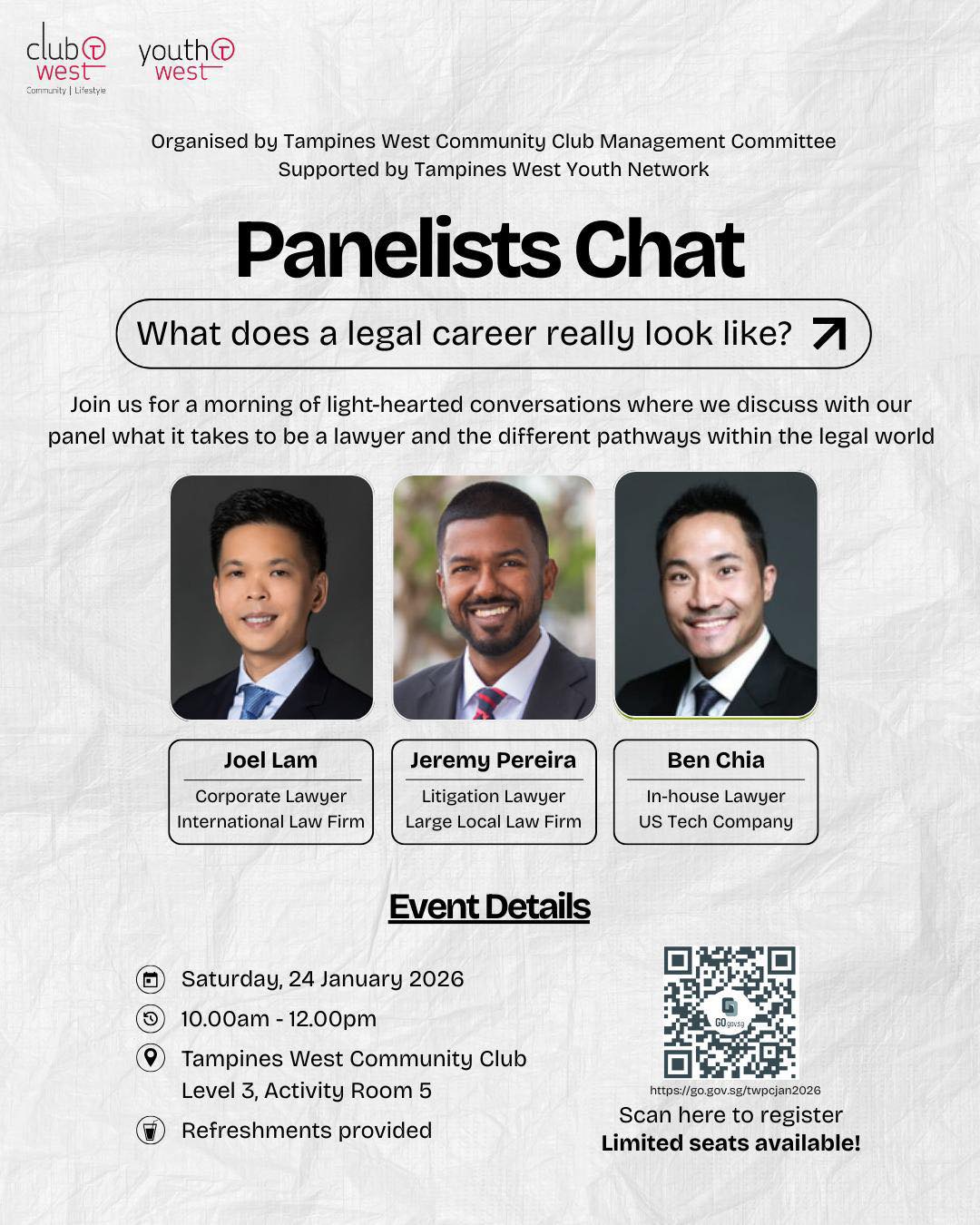 A legal career panel discussion at Tampines West Community Club