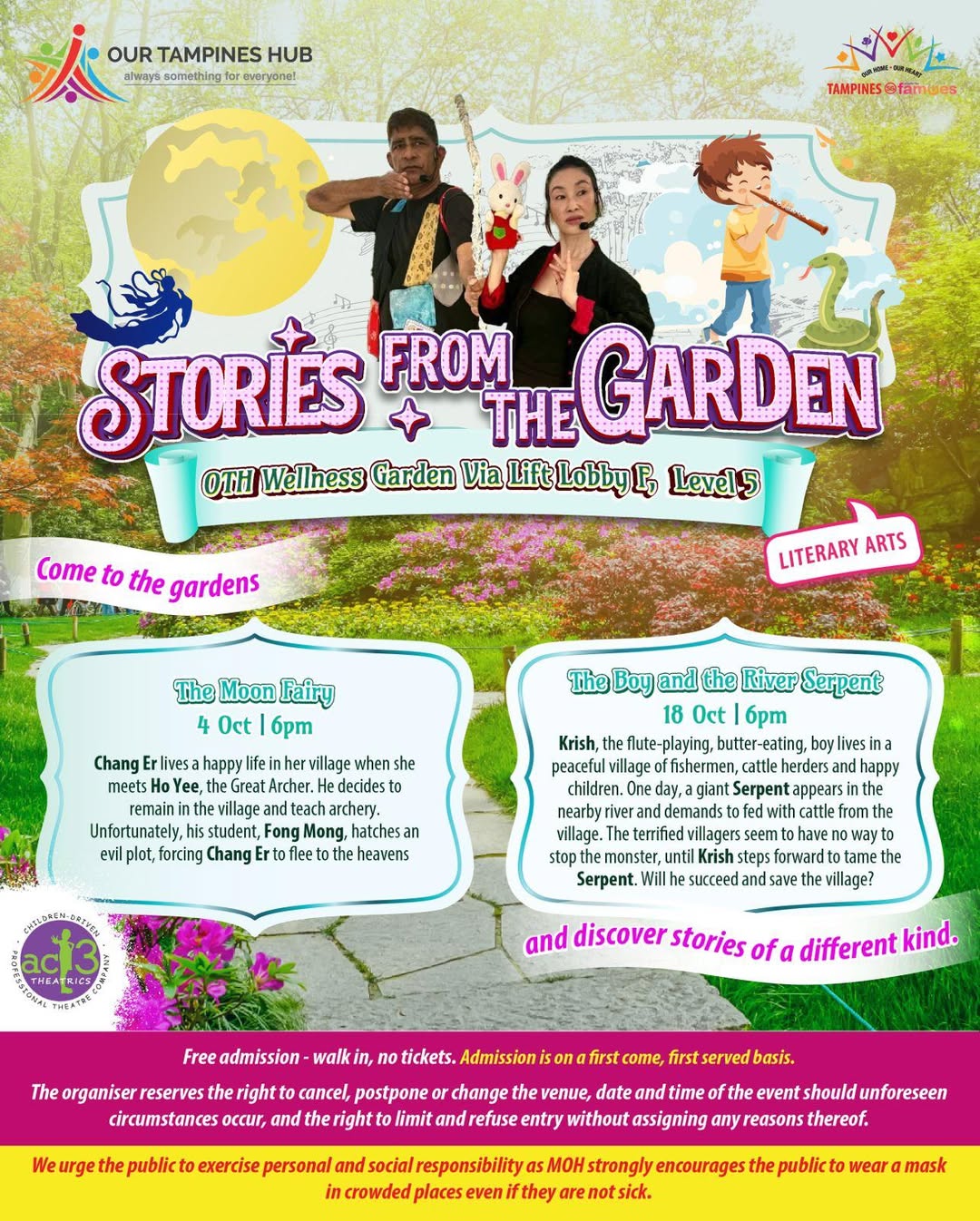 Children enjoying an outdoor storytelling event in a garden.