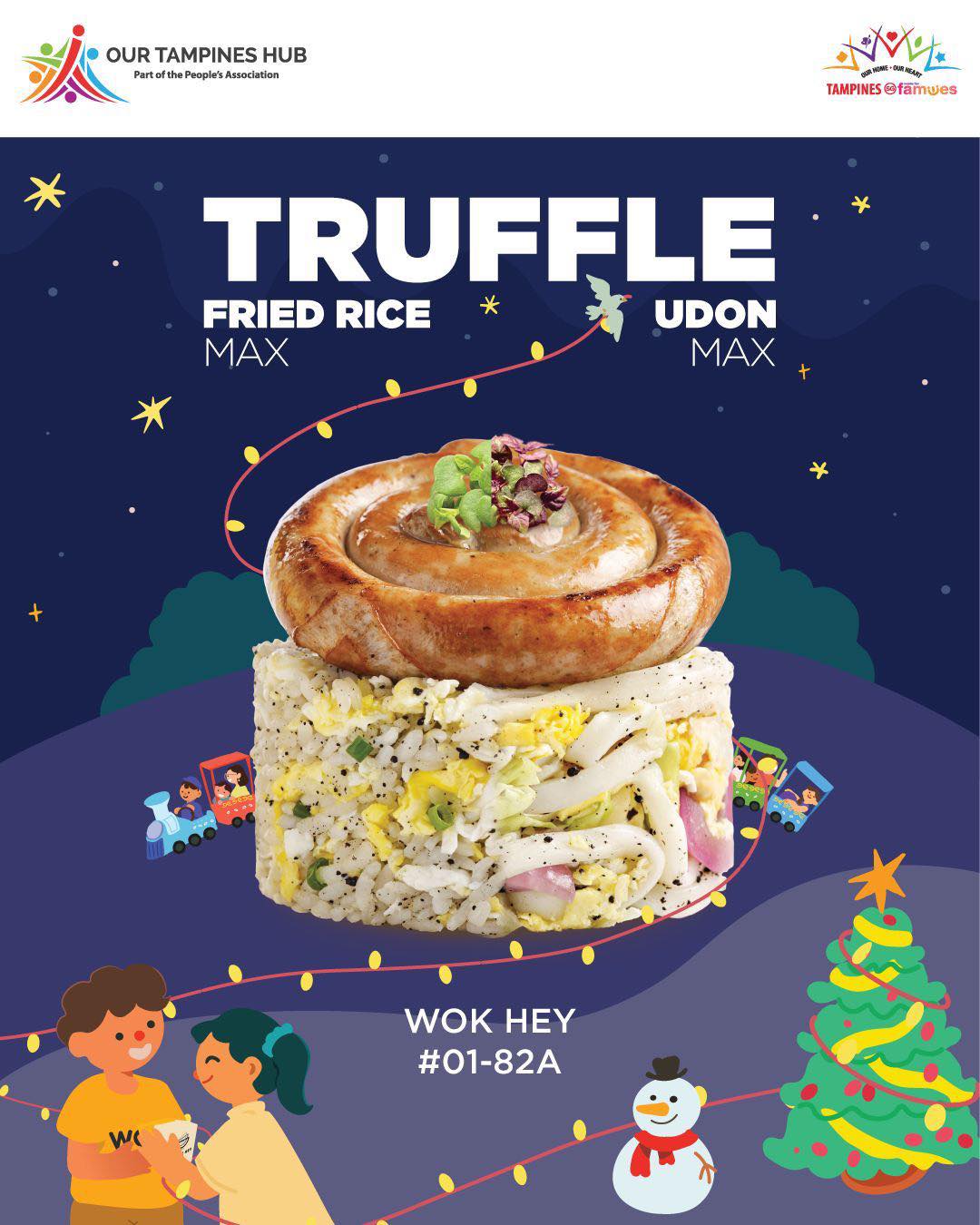 Wok Hey Truffle Edition promotional image showing a stir-fried dish with chicken bratwurst, noodles or rice, and various greens.