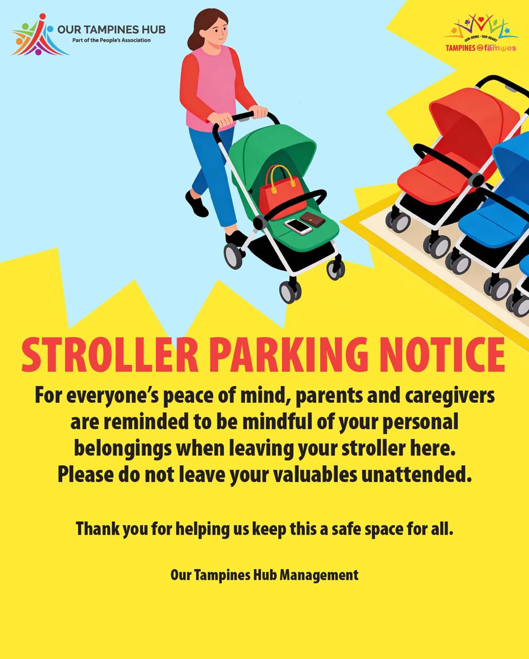 Keep Valuables With You at Our Tampines Hub Stroller Parking Areas