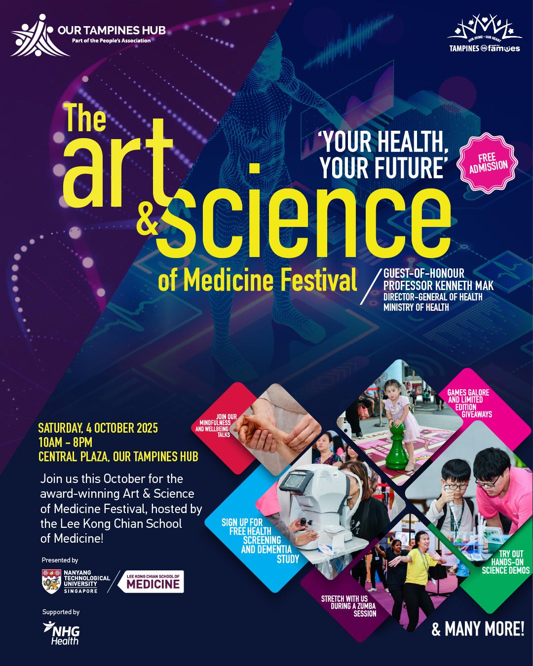 Attendees exploring interactive exhibits at a health and science festival, demonstrating the convergence of art and science in medicine.