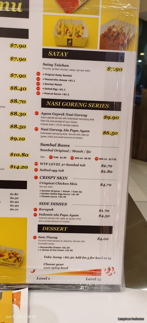Menu page for Papa Ayam Our Tampines Hub